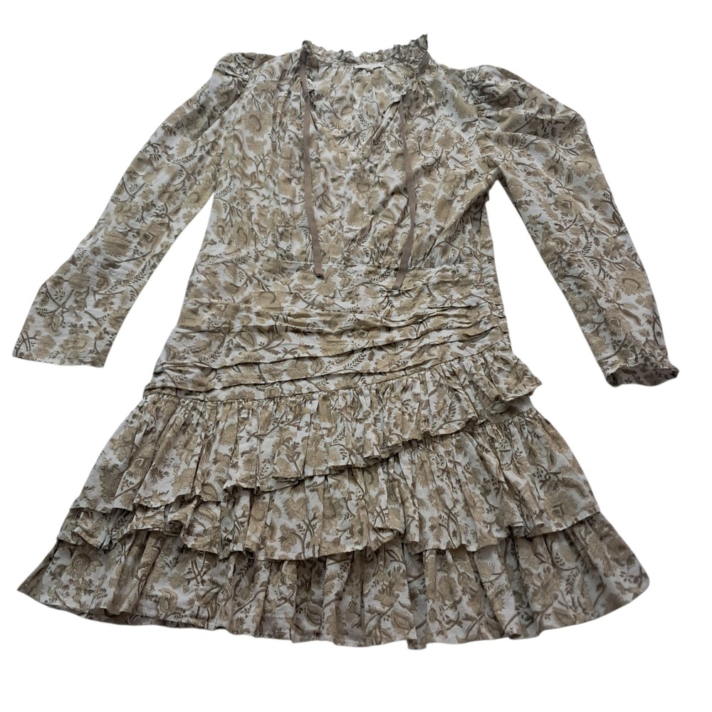 Anna Cate Mia Dress Womens Medium Tan Floral Mini Long Sleeve Tiered Cottagecore